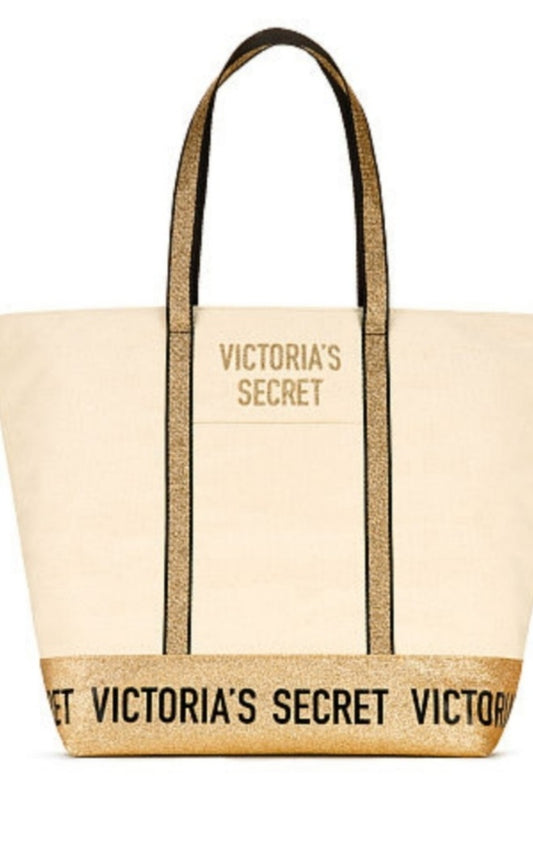 Victoria's secret gold shimmer canvas tote