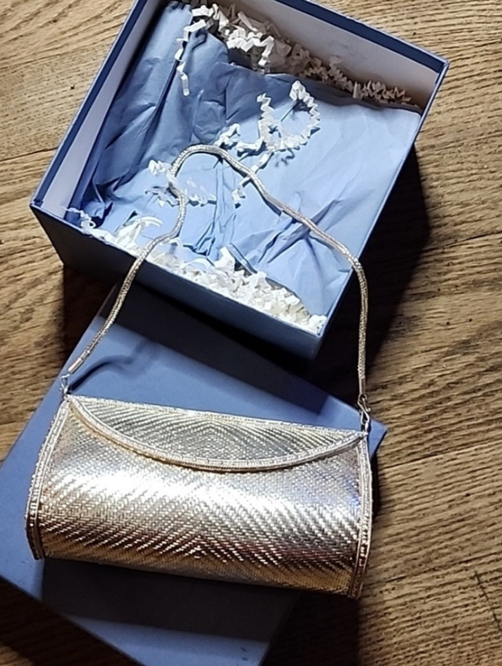 Vintage Silver Metal Woven Mirrored Clutch/Purse. Comes with original box. 6"x4"