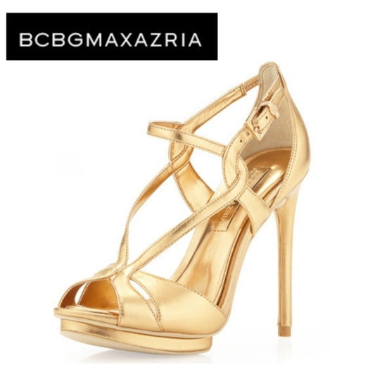 BCBGMAXAZRIA Farid Metallic Sandal, Gold. Sz 9.