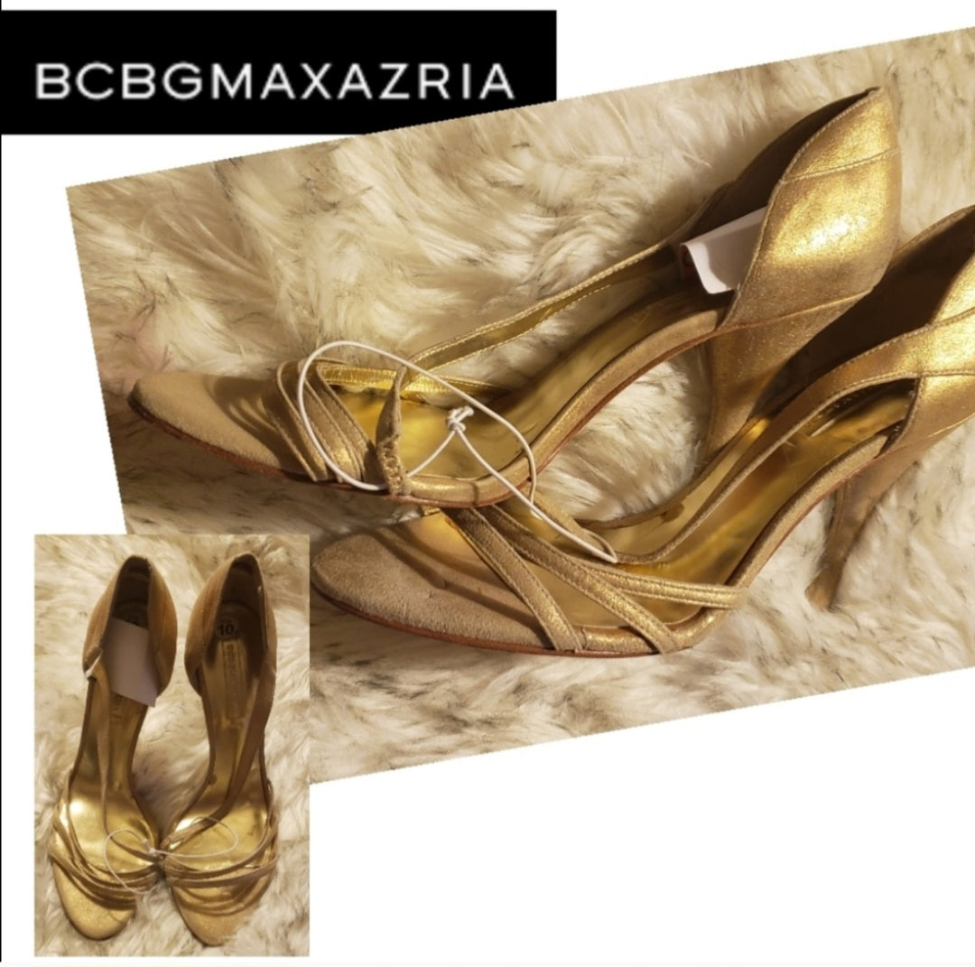 BCBGMAXAZRIA gold cut out strappy heels.  😍 Sz 10