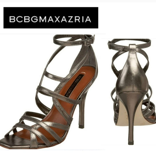 Bcbgmaxazria pewter Akira ankle strap heels. Sz 9.5