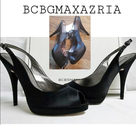 Bcbgmaxazria "libby" blk satin platform heels.  10