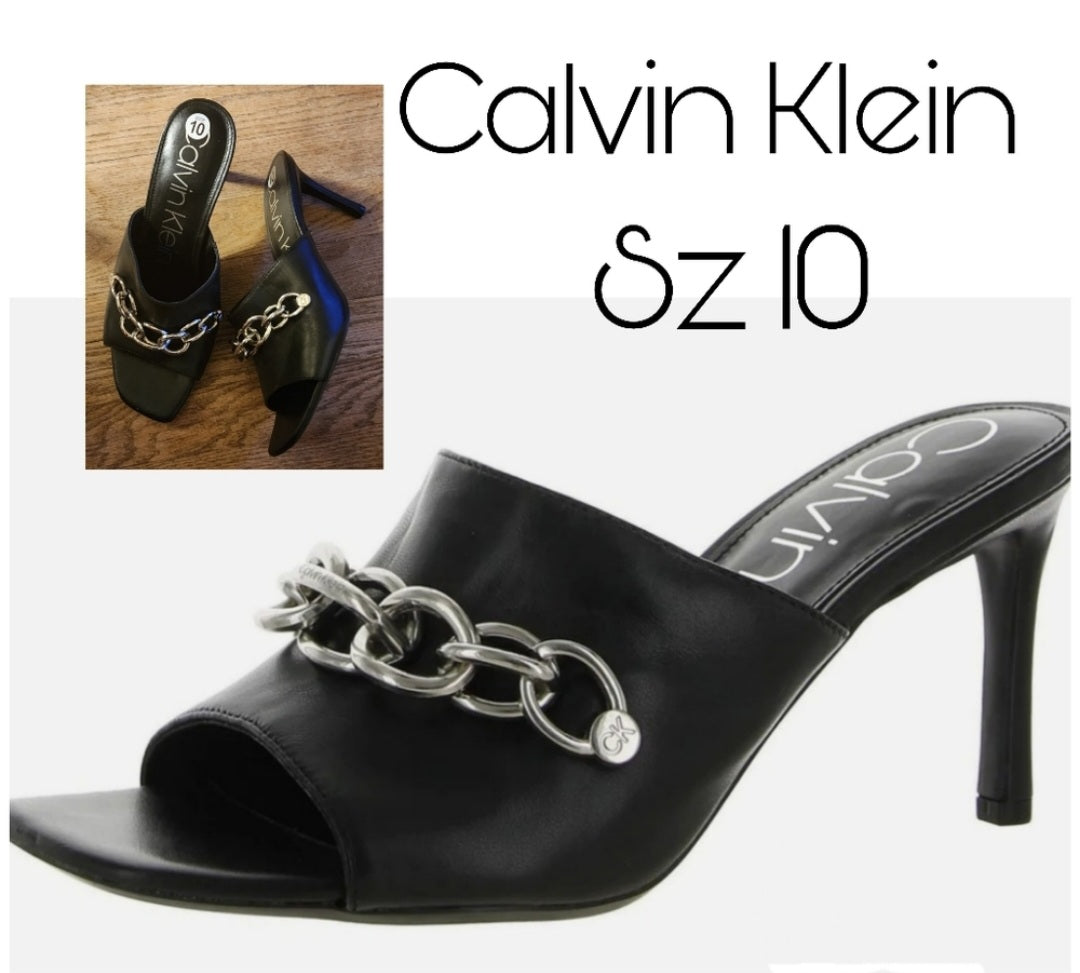 Calvin Klein Halima Leather Peep-Toe Mules. Sz 10