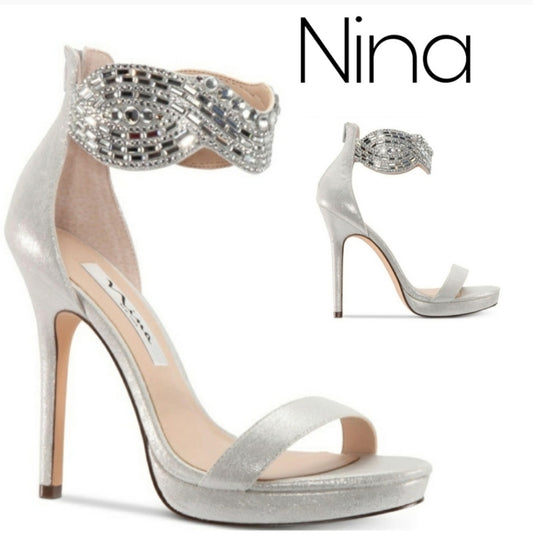 Nina
"Fayth" Jeweled Satin Heel. Silver.  Sz 10