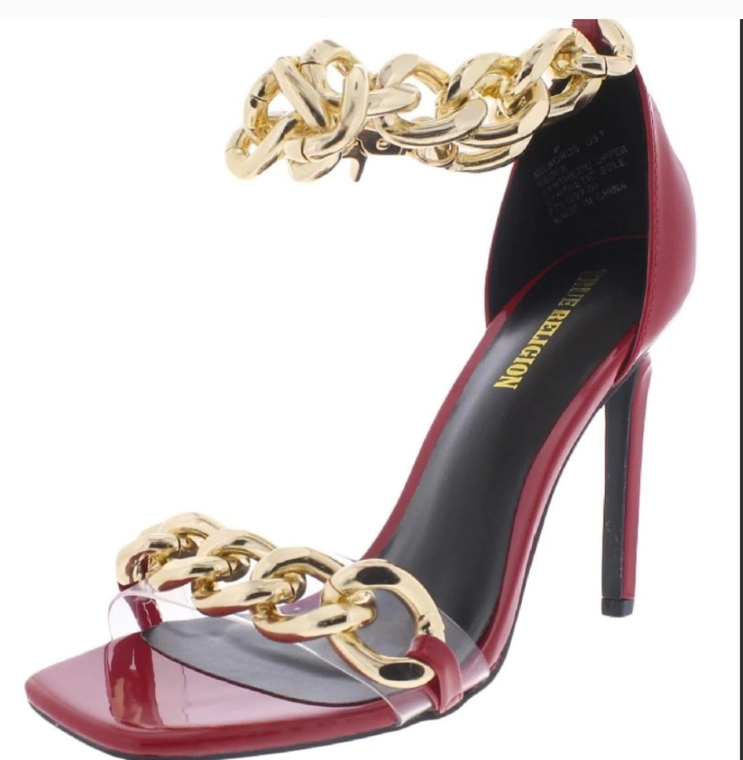 TRUE RELIGION MILAGROS FAUX LEATHER CHAIN TRIM RED PATENT HEELS.  Sz 11.  New