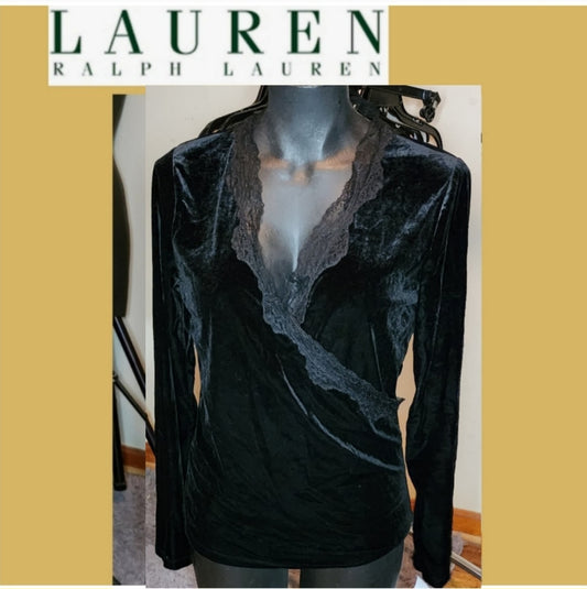 Ralph Lauren velour ruffle surplice top. Lace trim.  Sz Med