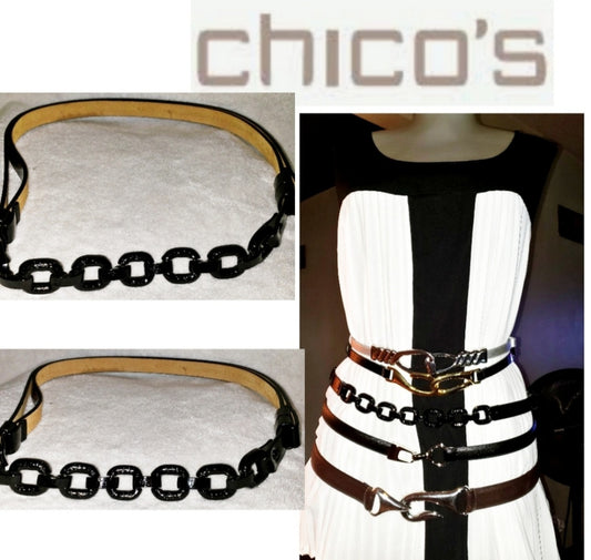 Chico's expandable blk patent lthr chain link blt