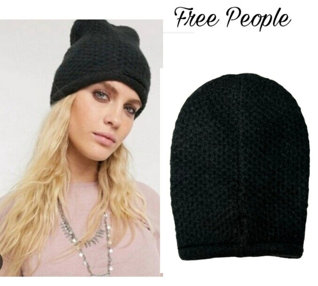 FREE PEOPLE Everything Rosy Floral Applique Rib Beanie In Black.