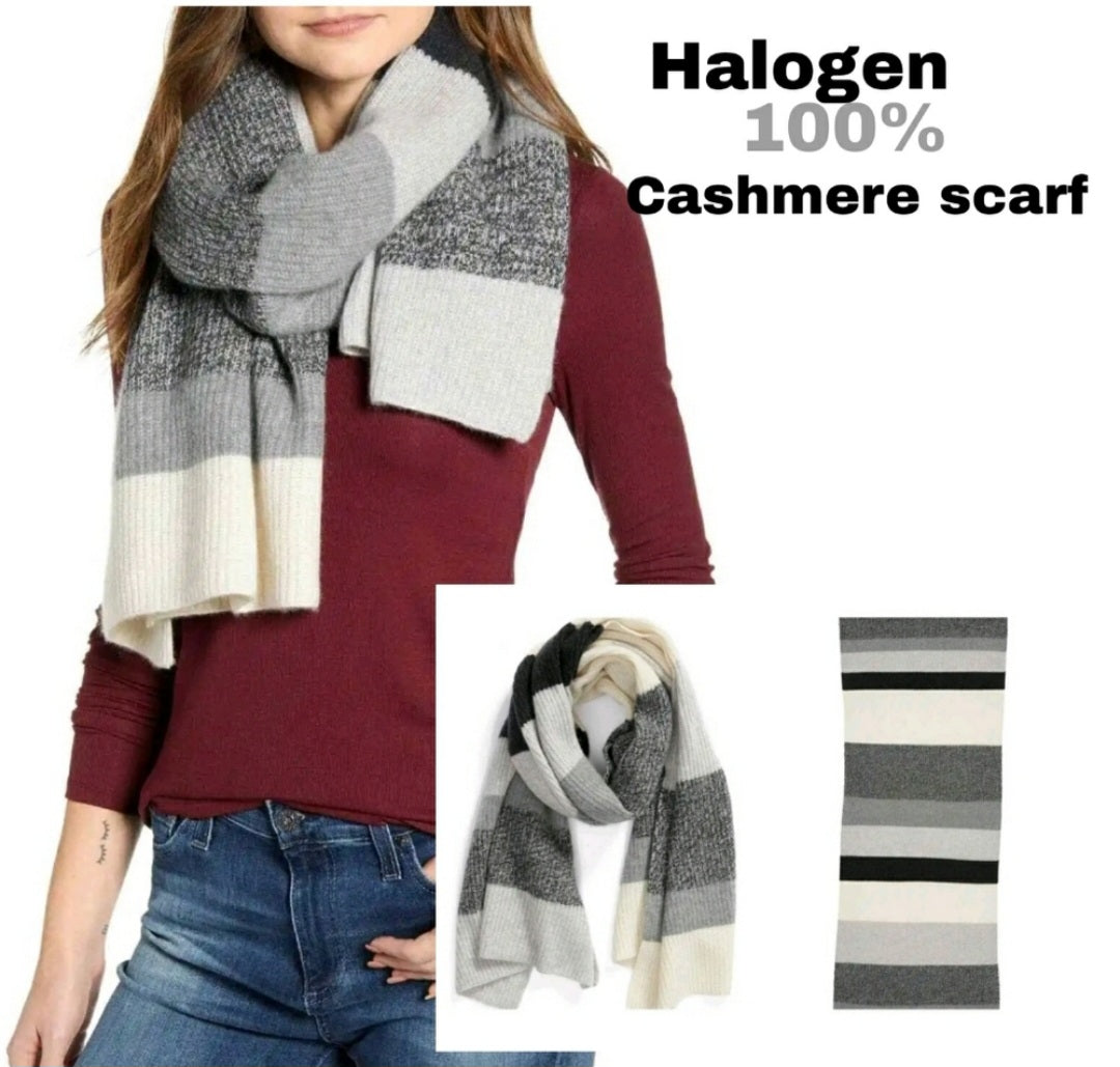 NWT $169 Halogen Knit Cashmere Scarf GRAY combo. Soft!!!