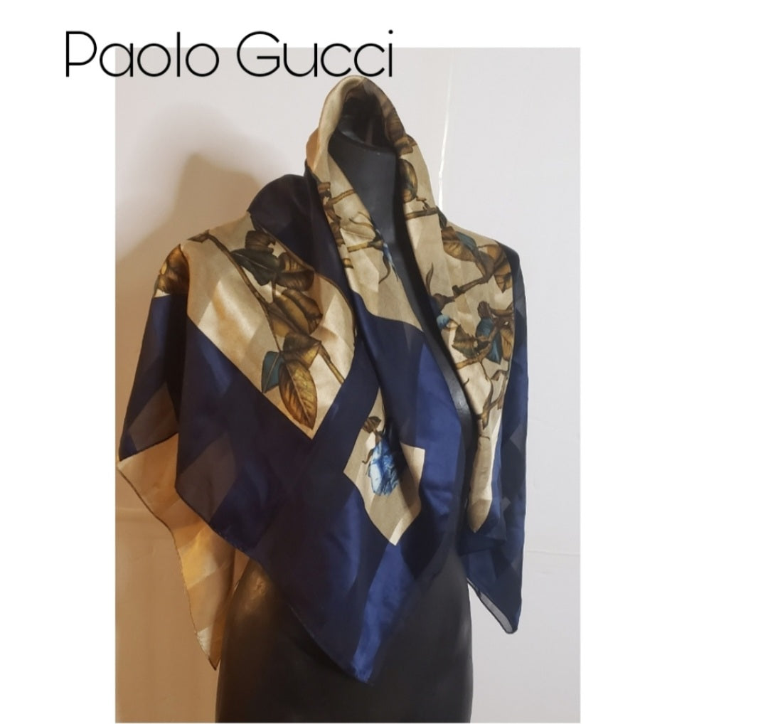 Paolo Gucci silk scarf (Floral Blue/tan panels)