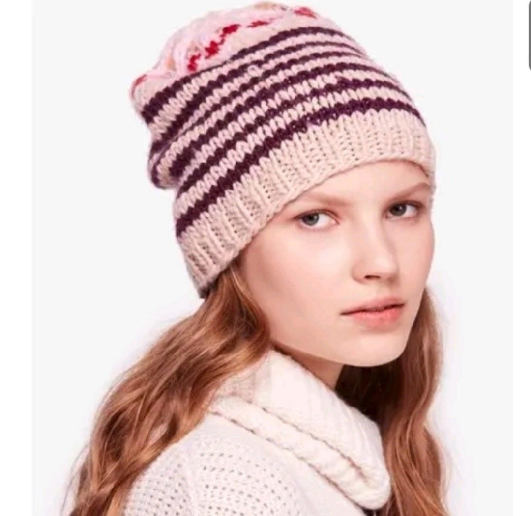 Free People Tullamore Knit Crochet Wool Beanie Pink & Purple Stripes NEW