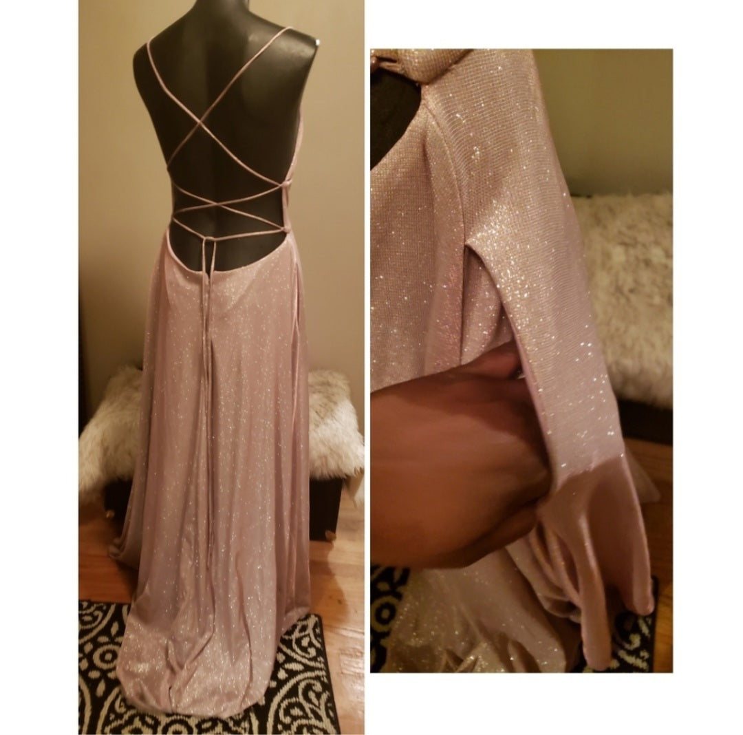 Betsy & Adams Pink Shimmer Tie Back Fit/Flare Gown. Sz 6 and a sz 8. Org $259 😍