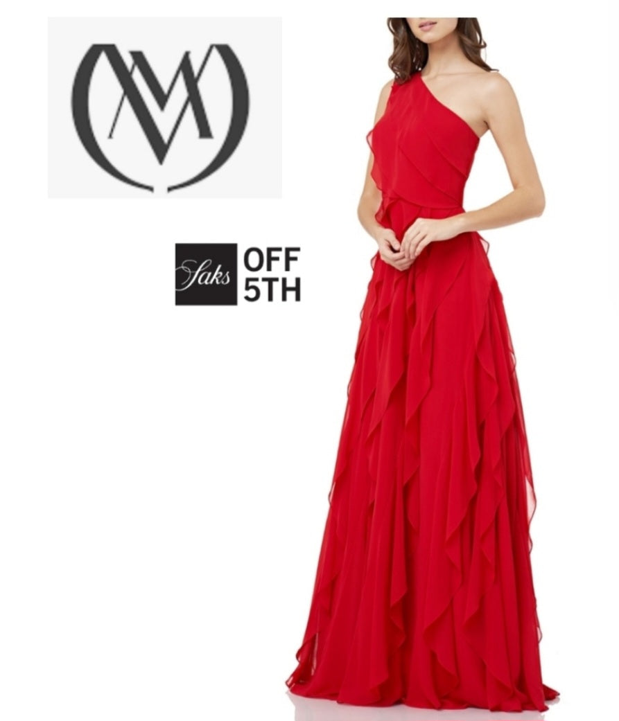 Carmen Marc Valvo Infusion One-shoulder Asymmetric Tiered Evening Gown - Sz 10