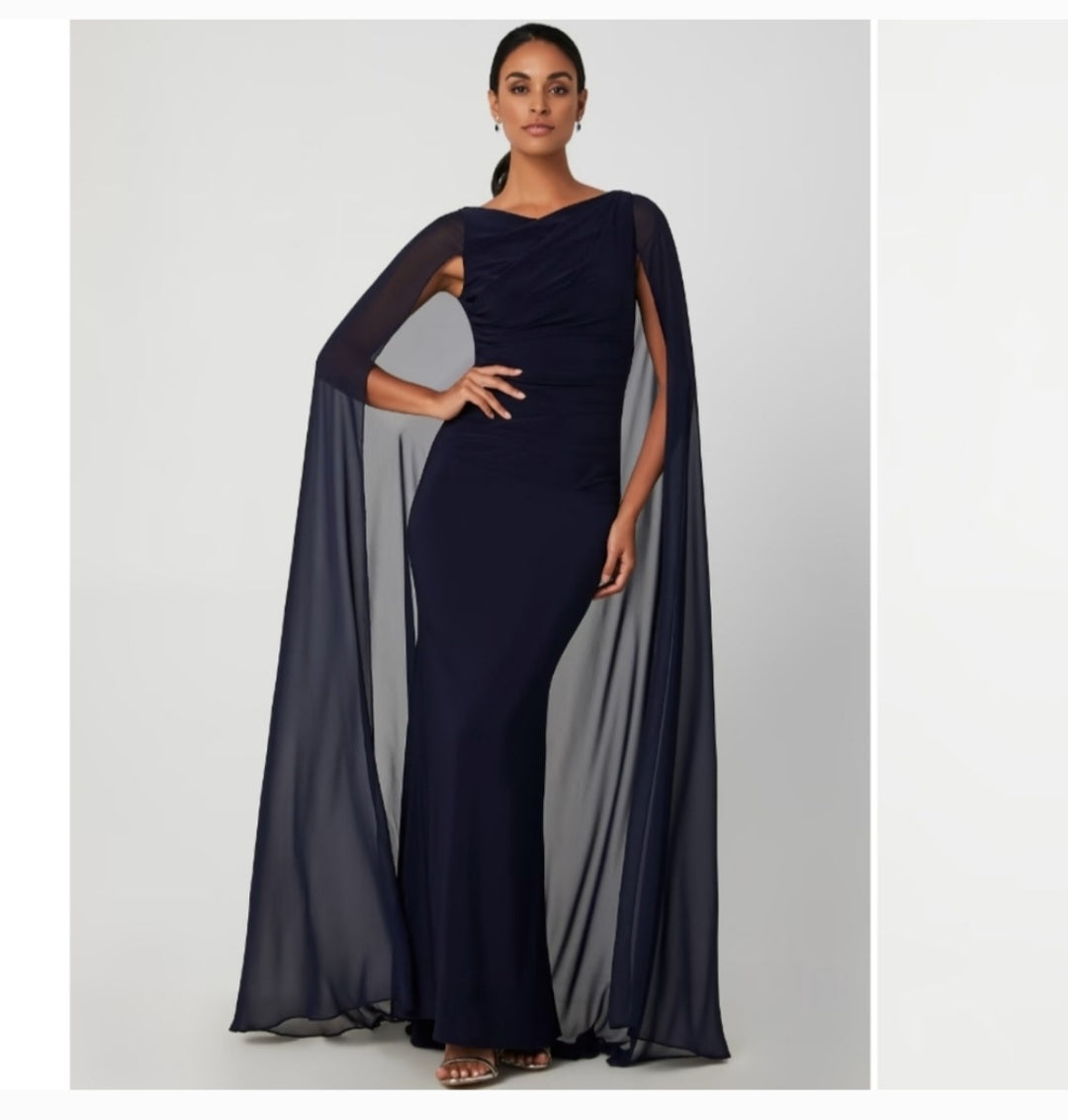 Betsy & Adam Chiffon Cape-Sleeve Column Gown Navy. Sz 10