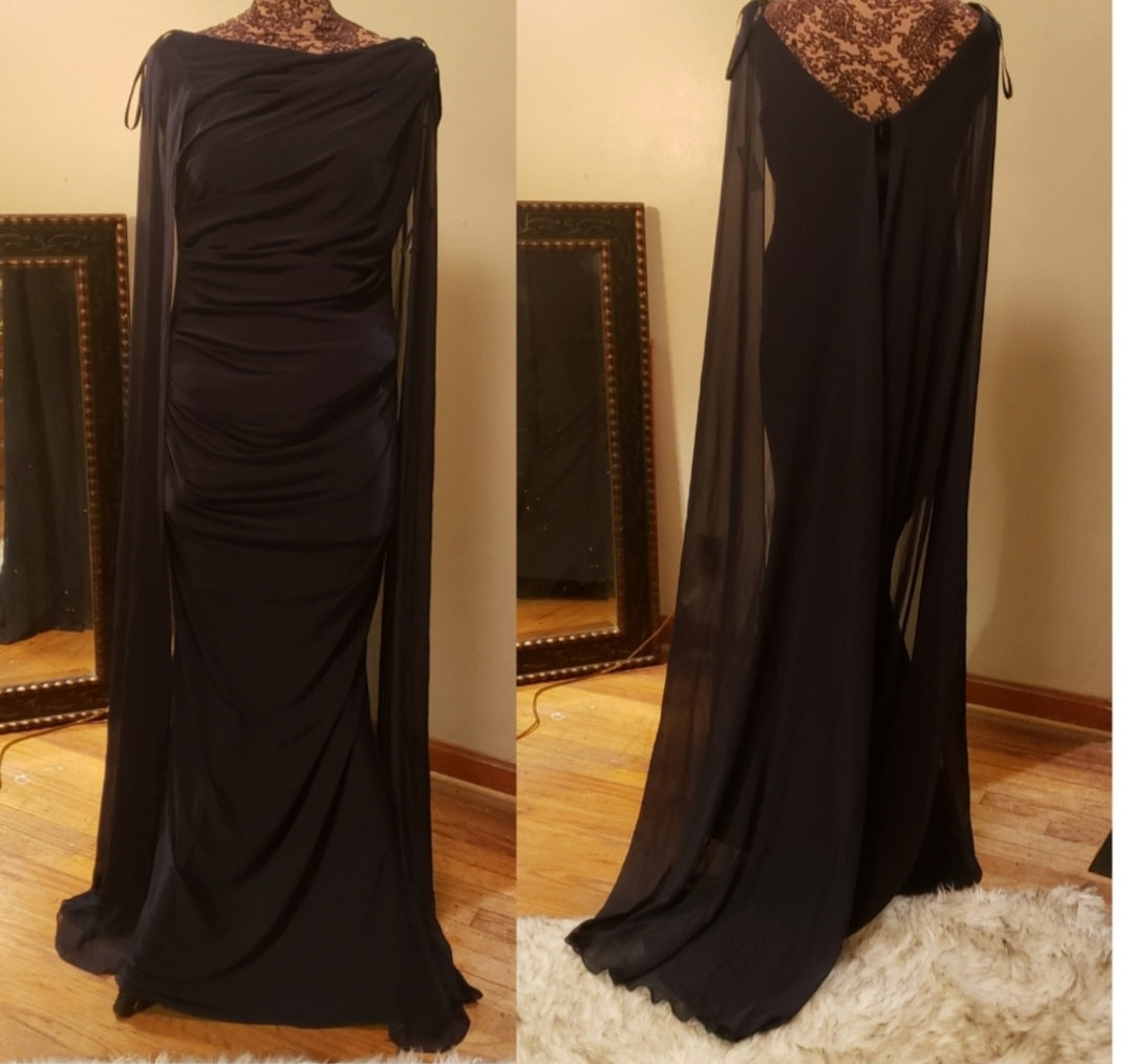 Betsy & Adam Chiffon Cape-Sleeve Column Gown Navy. Sz 10