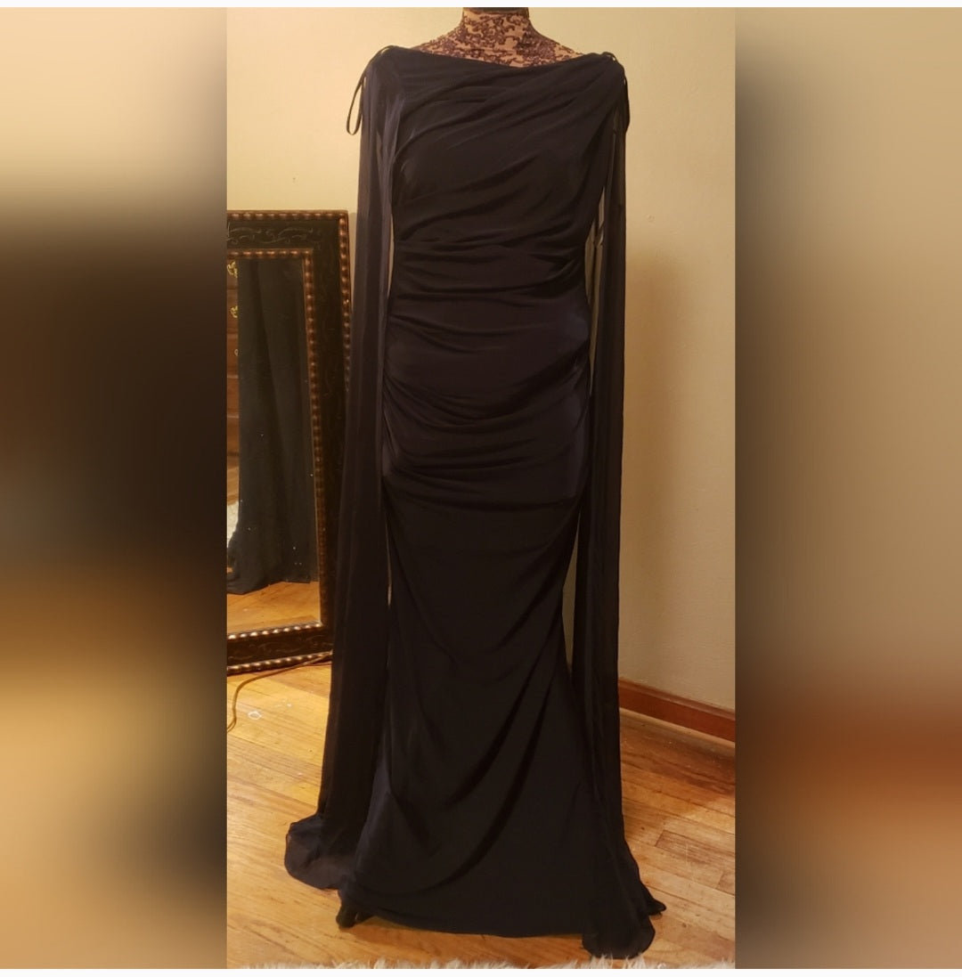 Betsy & Adam Chiffon Cape-Sleeve Column Gown Navy. Sz 10