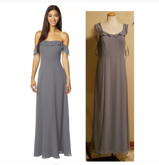 BILL LEVKOFF Pewter Chiffon Off The Shoulder A-line Dress.  Sz 14. New! Org $178