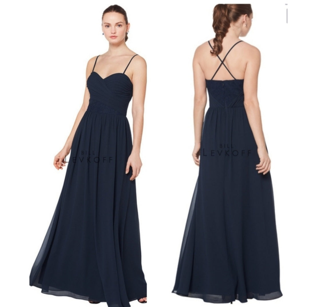 BILL LEVKOFF chiffon lace gown. Sz 14.  New.  Navy.  Org $210