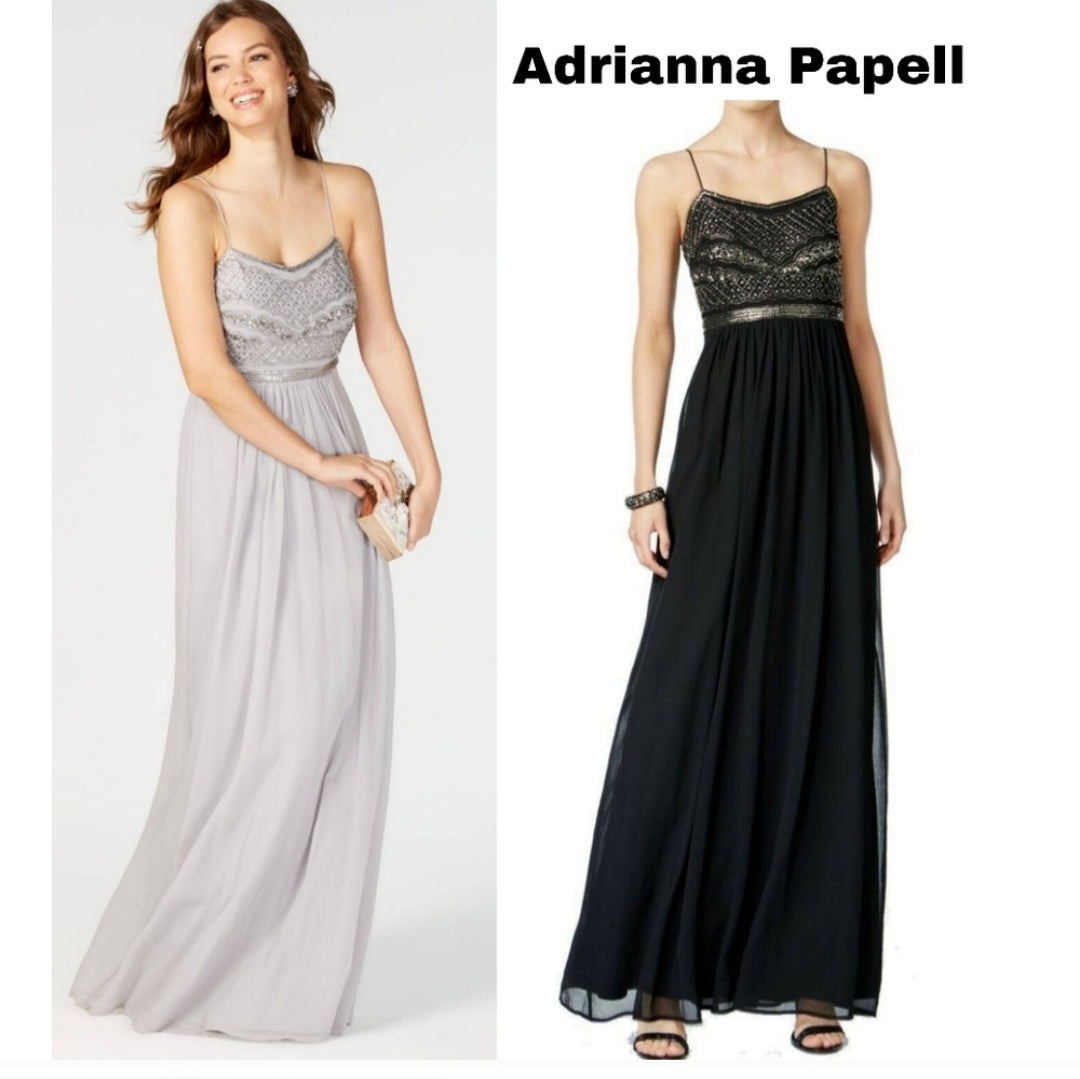 Adrianna Papell Formal Evening Gown Prom Size 10. Grey Bead Maxi Chiffon Long