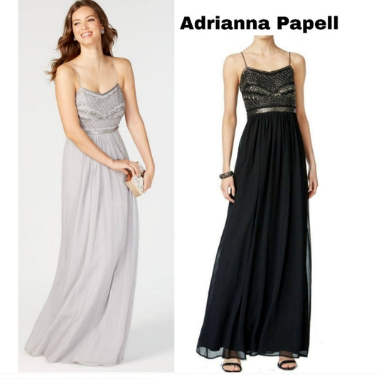 Adrianna Papell Formal Evening Gown Prom Size 10. Grey Bead Maxi Chiffon Long