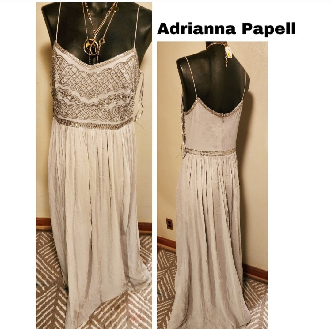 Adrianna Papell Formal Evening Gown Prom Size 10. Grey Bead Maxi Chiffon Long