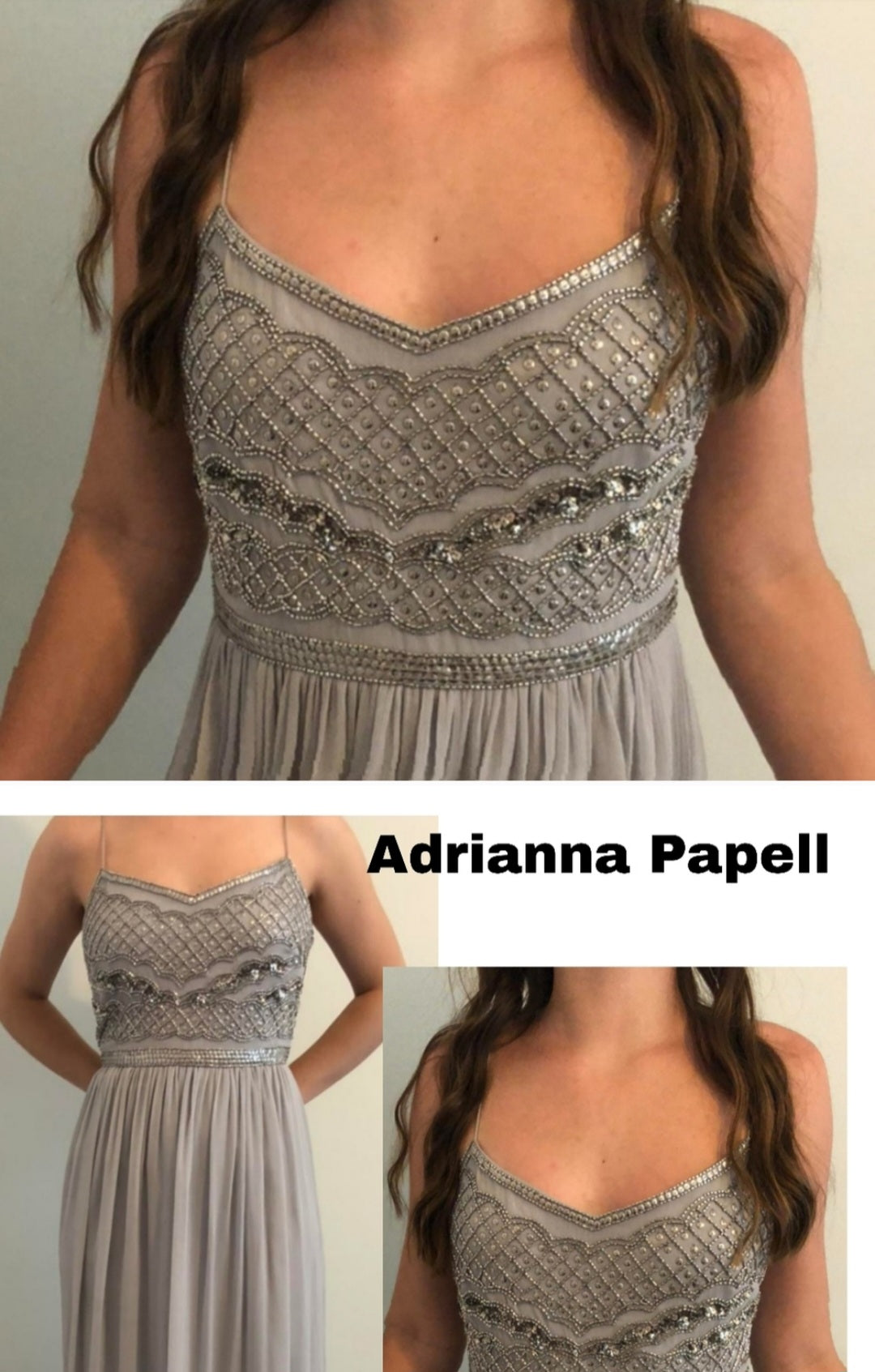 Adrianna Papell Formal Evening Gown Prom Size 10. Grey Bead Maxi Chiffon Long