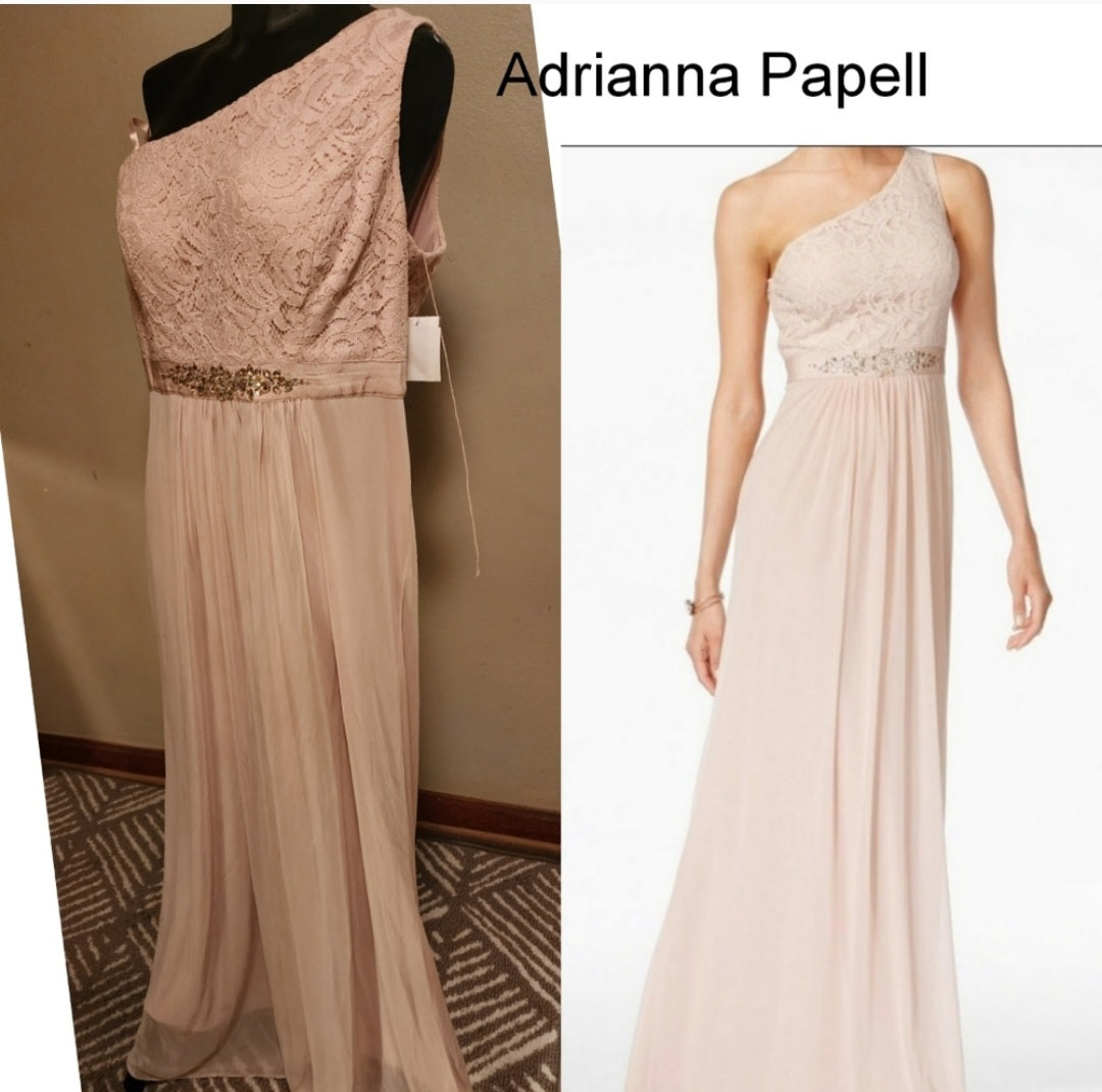 Adrianna Papell Embellished Lace One-shoulder Gown.   Sz 16