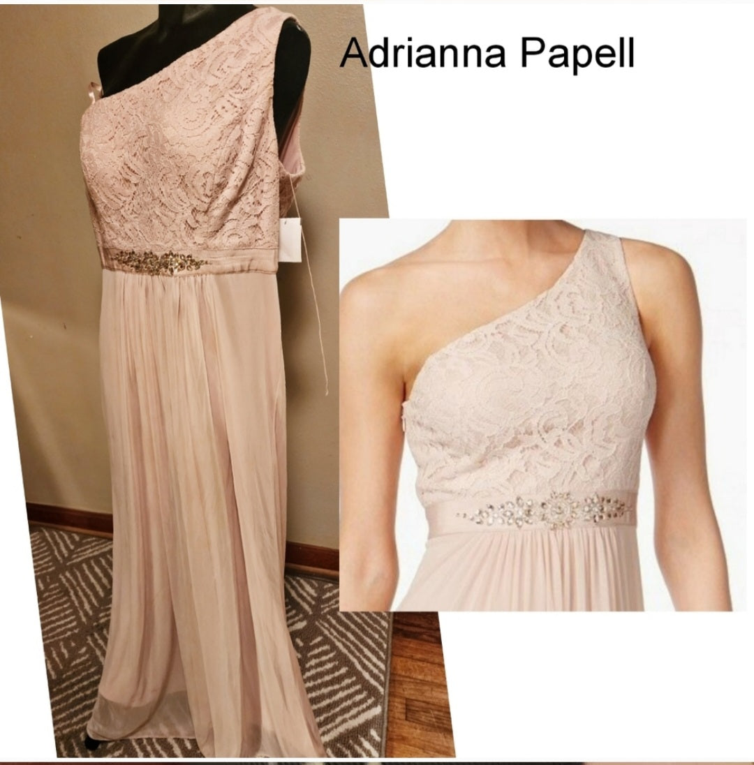 Adrianna Papell Embellished Lace One-shoulder Gown.   Sz 16