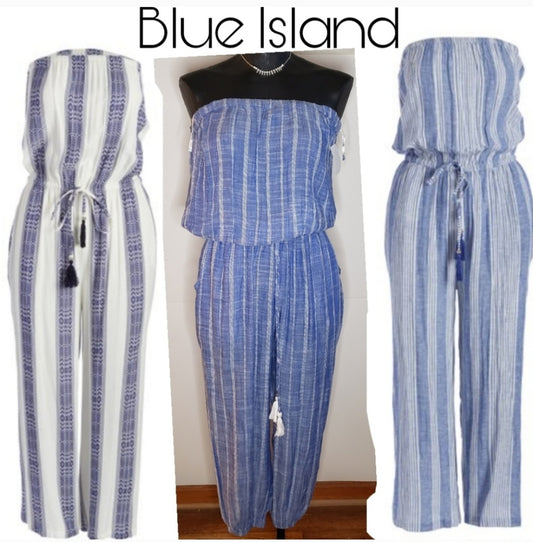 Blue Island Striped Waist-Tassel Strplss jumpsuit