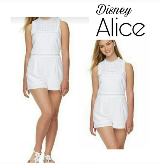 Disney Alice Junior white lace trim romper. Sz Lrg