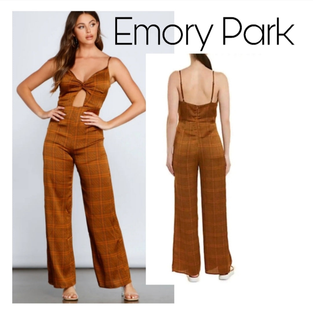 Emory Park ASOS Cut Out Plaid Jumpsuit in Brown Size S