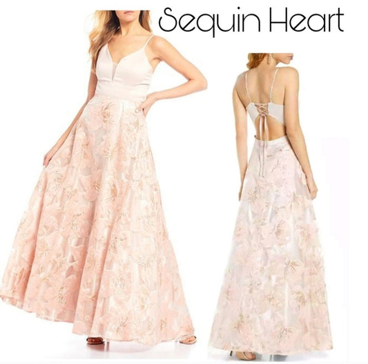 $170 SEQUIN HEARTS METALLIC FLORAL BURNOUT LACE UP BACK BALL GOWN SZ 11 JUNIORS