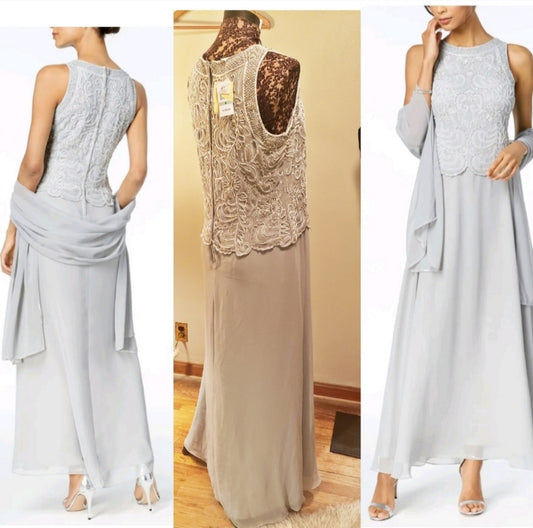 $259 JKARA Silver Beaded Gown Sleeveless Jewel Neck Maxi Evening Dress 8.  NWT