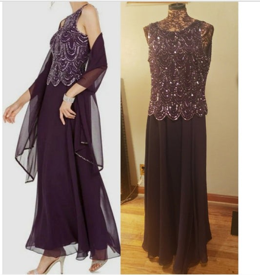 $269 J Kara Womens Purple Sleeveless Embellished A-Line Gown Scarf Dress Size 14