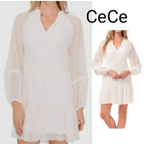 $99 Cece White V-Neck Clip-Dot Ruffled Long Sleeve Shift Dress Plus Size 1X