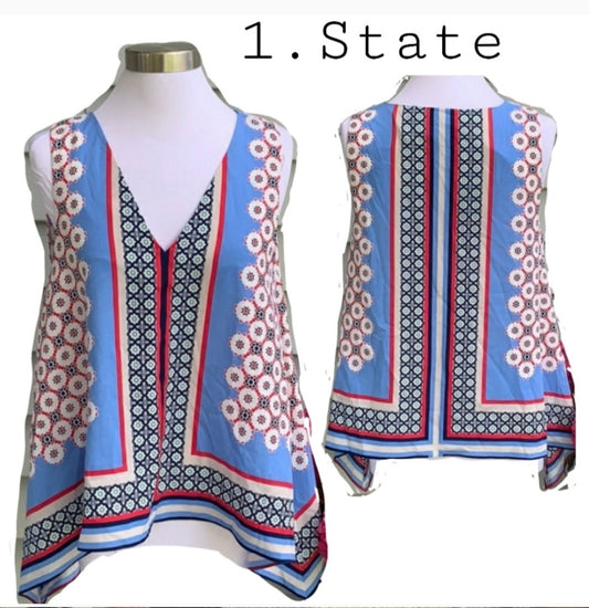 1. State blue/red print assymetrical tunic top SM