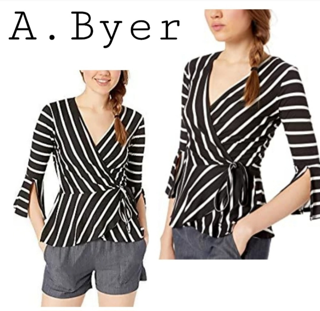 A. Byer blk/wht striped wrap blouse. Sz Sm