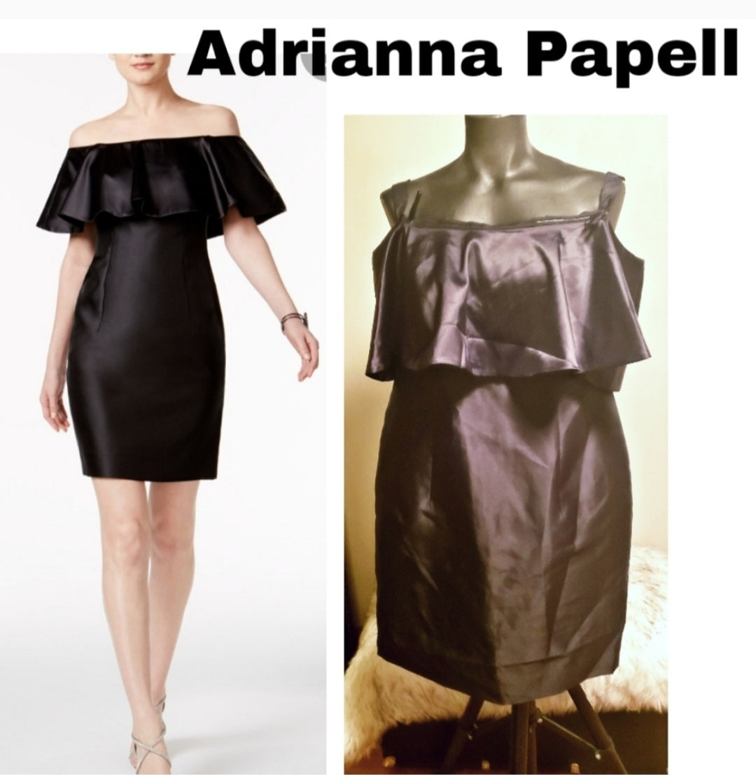 ADRIANNA PAPELL $149 Black Ruffled Sleeveless Sheath Dress.  Sz 14