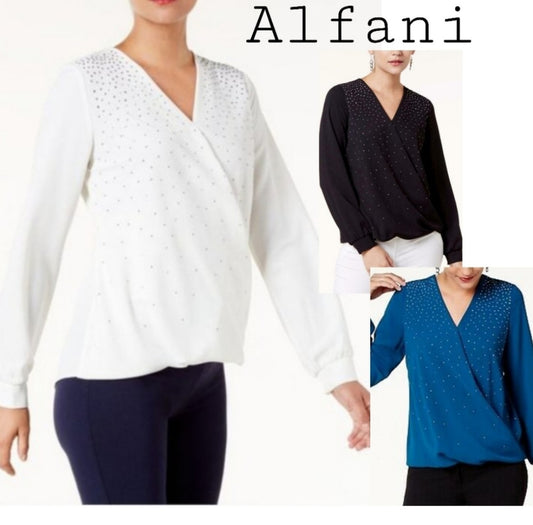 Alfani petites white embellished surplice top PMed