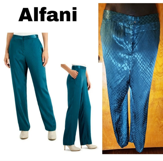 Alfani Teal Pocketed Animal Print Party Straight leg Pants rayon. Sz 16. New
