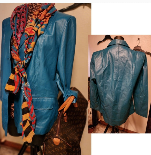 Turquiose leather jacket/blazer.  Sz 14.