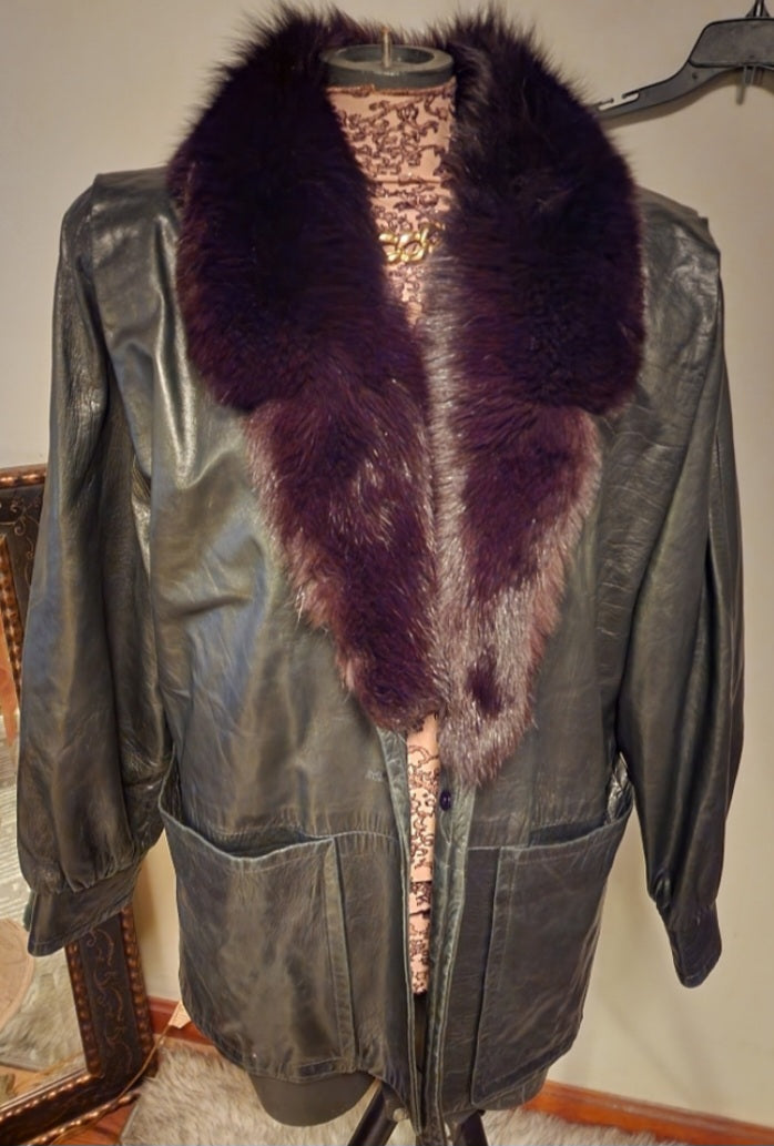 Stavros leather jacket with attached (permanent) fur collar.  Sz 14