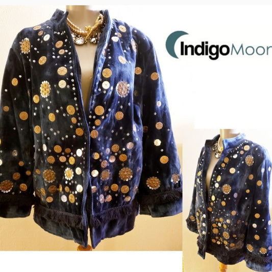 Indigo Moon Blue Velveteen Embellished coat. XL