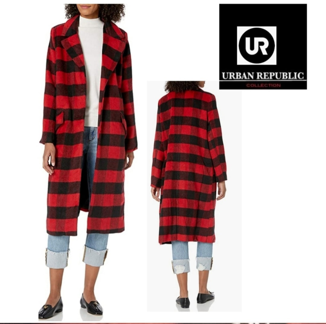 Urban Republic Tweed long blazer coat. sz 2x. New.  Red/blk plaid.