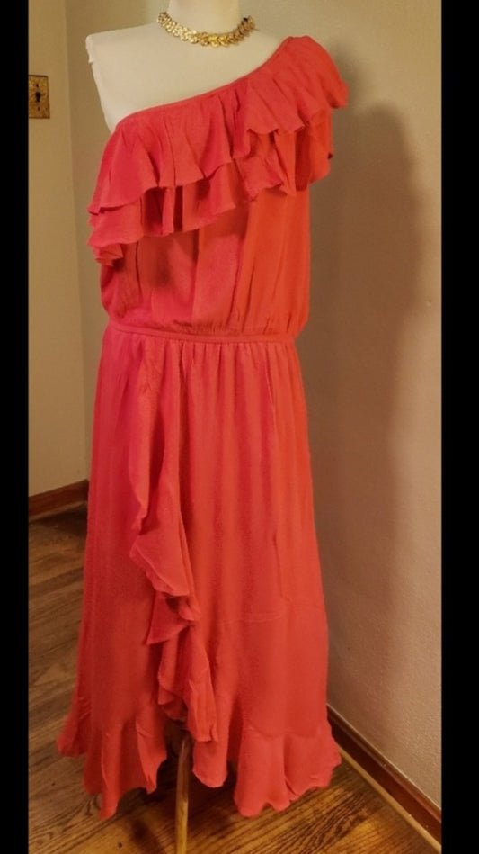 Just fab high low one shoulder coral dress sz lrge