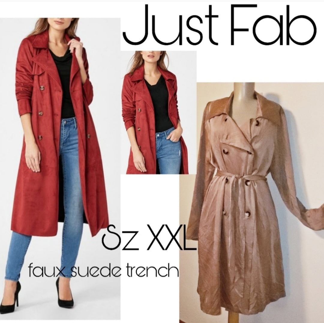 Just Fab tan Faux Suede Belted Trench. Sz XXL