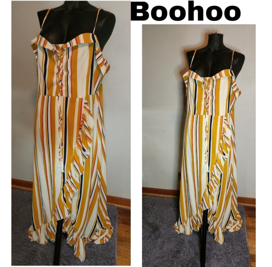 PLUS BOHO STRIPE RUFFLE MAXI DRESS. Sz 16.  Tall fit.   New