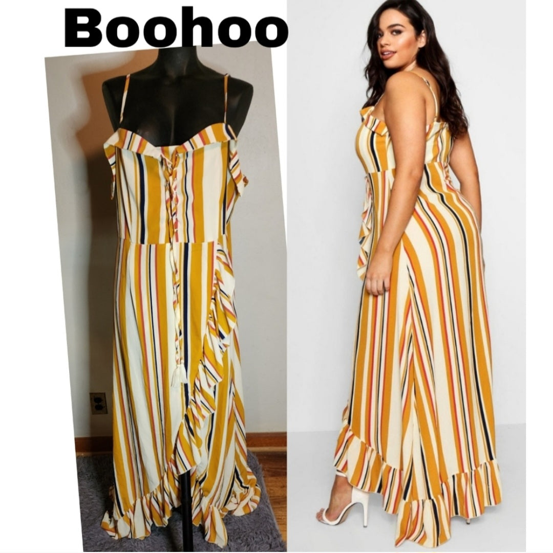 PLUS BOHO STRIPE RUFFLE MAXI DRESS. Sz 16.  Tall fit.   New