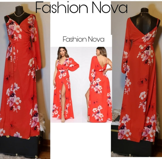 Fashion Nova red floral wrap dress.