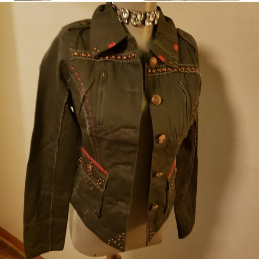 Lovestitch khaki green military embrd jcket. Sz Sm